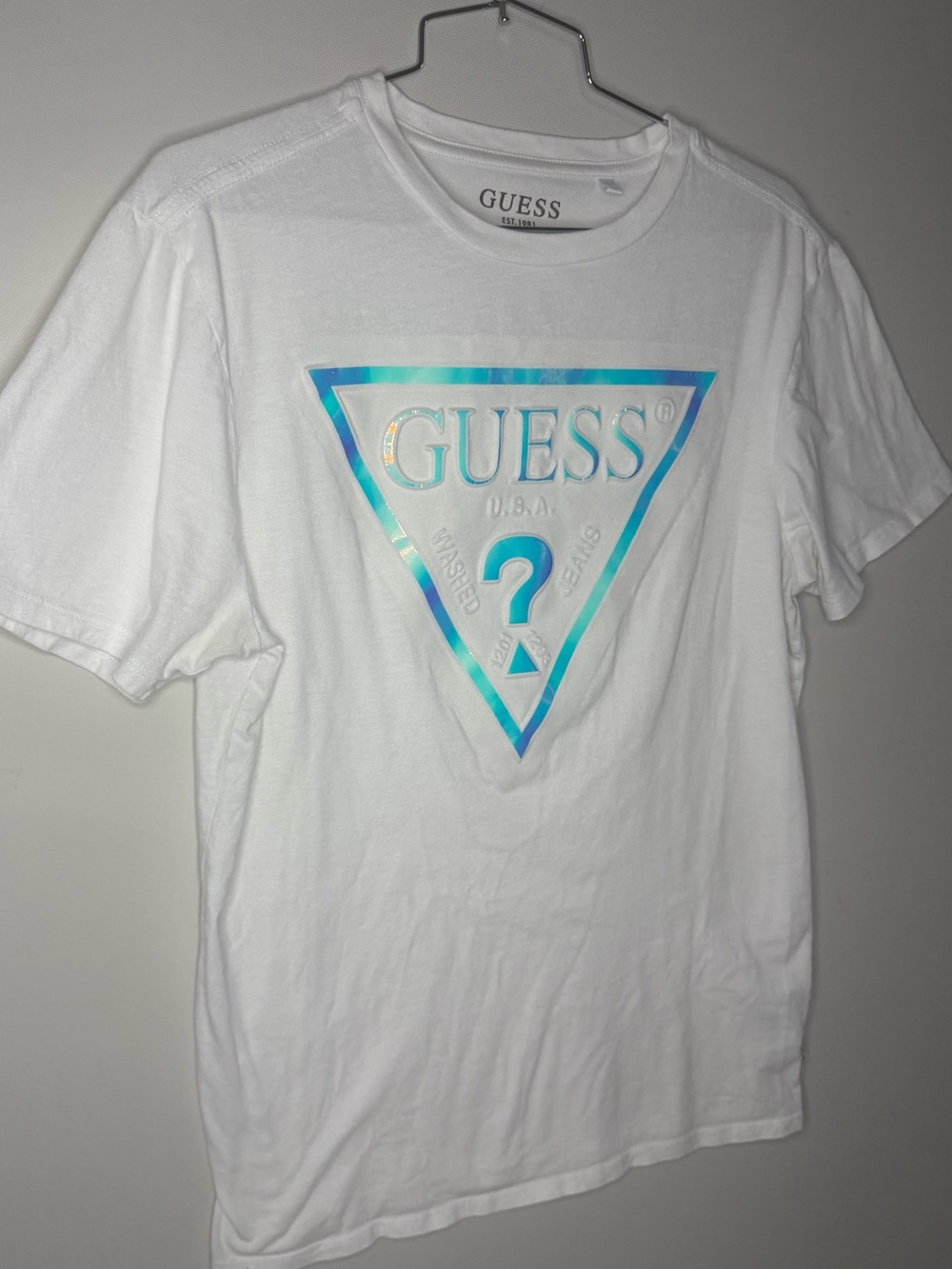 GUESS White Short-Sleeve Tee with Iridescent Blue-Green Triangle Logo